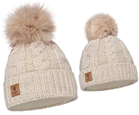 ELIMELI Eltern-Kind Mütze Mädchen Warme Wintermütze für Mutter und Tochter Mütze Damen Winter mit Kunstfell Bommel Slouch Strick Beanie Damen Bommelmütze Kinder Mama und Baby Cap Set 1 (Beige)