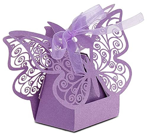 50 scatole per bomboniere, tagliate al laser, a forma di farfalla, per fai da te, matrimoni, compleanni, regali, caramelle, con nastri (viola)