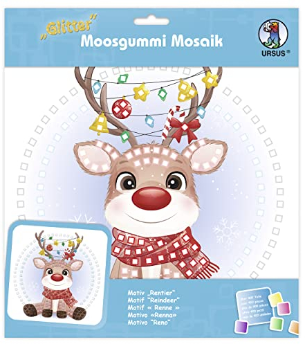 Ursus 8420020 - Glitter Moosgummi Mosaik-Bild Rentier, Bastelset für ein Klebebild aus Moosgummi-Stickern, ca. 25 x 25 cm mit Aufsteller, Mittel