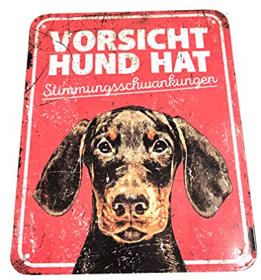 D&D Home, Warnschild Achtung vor Hund, 25 x 20 x 0,3 cm, deutsche Version, roter Hintergrund, rostbeständiges Metallschild mit lustigem Text