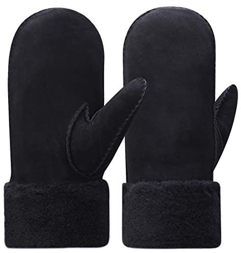 Harssidanzar Damen Fäustlinge,Winter Schaffell Lammfell beheizte warme pelzige Stulpenhandschuhe Lederhandschuhe KL024EU,Schwarz, Größe XL