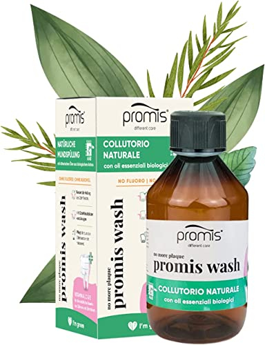 Promis Wash - Natürliche Alkoholfreie und Fluoridfreie Mundspülung für Empfindliches Zahnfleisch, Vegan, AIAB Bio Zertifiziert, Ätherische Öle, Vitaminen A, C & E