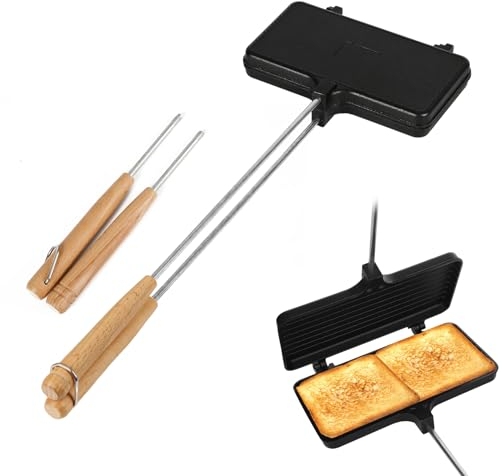 PEUTIER Sandwicheras Doble, Antiadherente Sarten para Tortitas para Camping de Hierro Fundido con 4 Asas Extraíbles Portátil Para Hacer Pasteles de Montaña Equipo de Cocina para Fogata