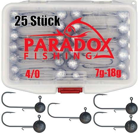 Paradox Fishing Jigköpfe Set 4/0 25x I je 5X 7g/10g/12g/15g/18g I Jig Köpfe Gummifisch mit Jighead für Gummifische Zander Angelzubehör