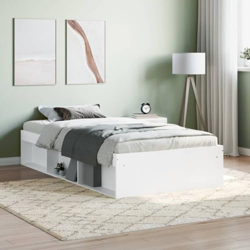 DJEKA Bett 100x200 mit lattenrost Holz Bettgestell 100x200 Holz Holzbett 100x200 Doppelbett mit 6 Fächer-Weiß-100 x 200 cm