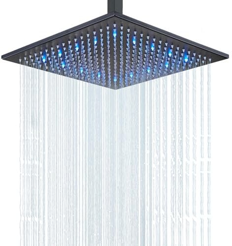 JUNSHENG Soffione Doccia a Pioggia, Soffione Doccia in Acciaio Inox 304, Doccia Fissa Quadrata Nera con LED (30 x 30 CM)