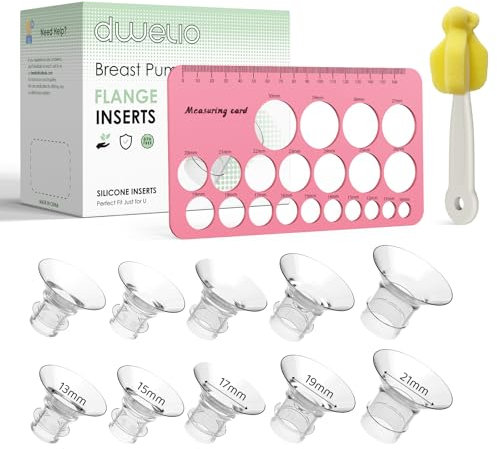 Dwelio Flange Sizing Kit with 10PCS Silicone Flange Inserts 13/15/17/19/21mm & Nipple Measurement Tool & Cleaning Brush, Breast Pump Flange Insert Kit for 24mm Most Pumps, Breastfeeding Essentials