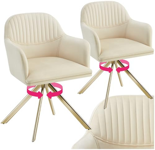 tectake® Esszimmerstuhl drehbar, Armlehnstuhl drehbar, ergonomischer Stuhl Samt, Stühle für Esszimmer, Möbel für Wohnzimmer, Arbeitszimmer, Esstisch, Schminktisch - 2er Set - Creme/Gold