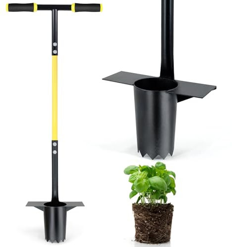 Jardineer Bulb Planter Tool Long Handle, Heavy Duty Stainless Steel Garden Transplanter with Ergonomic Handle, Ideal for Planting Bulbs, Seedlings, Flowers & Vegetables, Durable Gardening Hand Tool