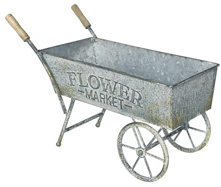 Z² BellaDecor Kleiner Blumenwagen mit Holzgriffen, 38,1 cm, Pflanzgefäße für Outdoor-Pflanzen, dekorativer Schubkarre, Pflanzwagen für Terrasse, Garten, Balkon, Grau