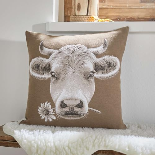 FRANK FLECHTWAREN Kissenhülle Cozy Cow, eingearbeiteter Reißverschluss, 53% Baumwolle, 47% Polyester, Rückseite Uni grau, 100% Polyester, Made in Europe Maße: 43 x 43 cm, ohne Füllung