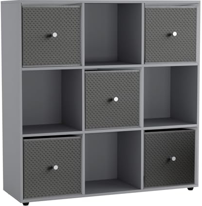 URBNLIVING 9 Cube Storage Unit with 5 Foldable Fabric Drawers, Wooden Freestanding Bookcase Shelf Organiser, Modern Cube Shelving for Bedroom, Office, Living Room, Toys, Clothes & Books