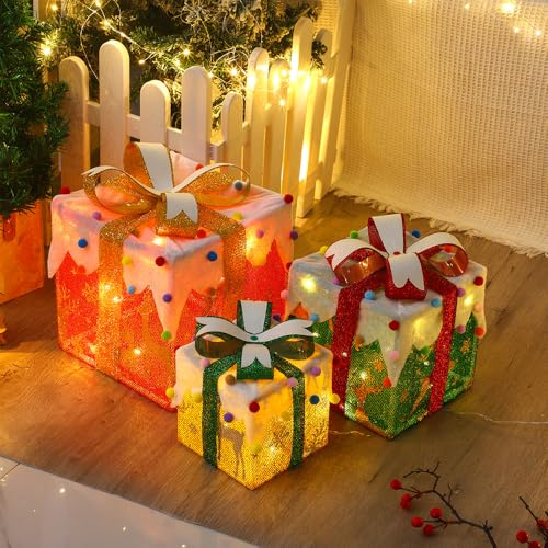 Led Geschenkbox Weihnachten mit Timer 3er Set, Led Deko Geschenke Leucht Boxen, Weihnachtsdeko Leuchtend, Weihnachts Dekoration Batterie Betrieben, Beleuchtete weihnachtsdeko Outdoor und Innen