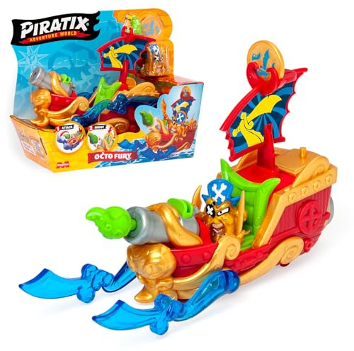 PIRATIX Adventure World Octo Fury – Piratenschiff mit versteckten Kräften. Enthält 1 Piratenschiff, 1 exklusiver Piratix, 1 Zubehör, 1 Flagge, 1 exklusiver Schatz und 1 Projektil