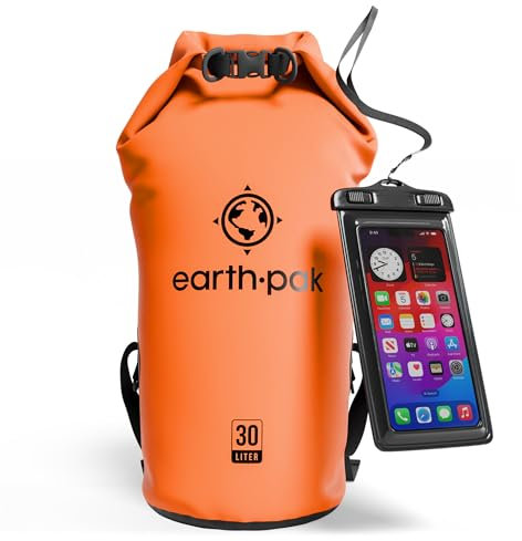 Earth Pak -Waterproof Dry Bag - Roll Top Dry Sack Keeps Gear Dry for Boating, Hiking, Camping and Fishing with Waterproof Phone Case (Orange, 30L)