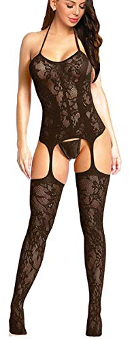 Buitifo Damen Netz Dessous Bodystocking Sexy Catsuit Frau Nachtwäsche Spitze Reizwäsche Negligee(Schwarz GB,Einheitsgröße)