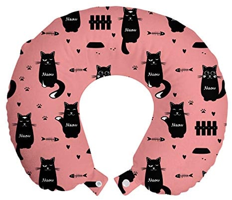 ABAKUHAUS Katze Reisekissen Nackenstütze, Kitten Silhouette Fisch Paws, Schaumstoff Reiseartikel für Flugzeug und Auto, 30x30 cm, Pastellrosa und Koksgraue