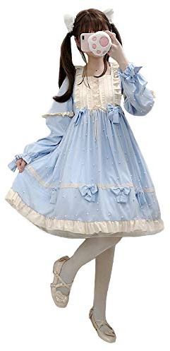 Girls Lolita Princess Dress Japanese Style Mesh Pearl Bow Long Sleeve Pullover Casual Daily Dresses (Blue)