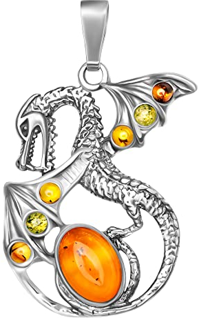 ANDANTE Premium Collection - Echter OSTSEE Bernstein Kettenanhänger in 925 Sterling Silber ** Drache ** Zertifiziert - Gold des MEERES - Farbe Cognac