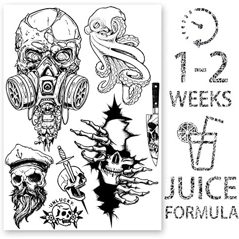 AWAKEN Faux tatouage temporaire pour hommes, autocollants pour bras et poitrine, imperméables à base de plantes, dure 1 à 2 semaines, crâne des Pirates de Cthulhu (Design 4)