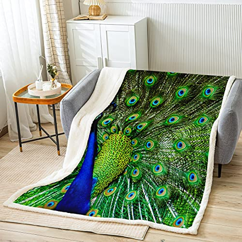 Loussiesd Pfau Kuscheldecke Grün Pfau Muster Decke 150x200cm Pfau Feder gedruckt Dekor Wohndecke Mädchen Frauen Sanft Mikrofaser Tier Thema Flanell Fleecedecke