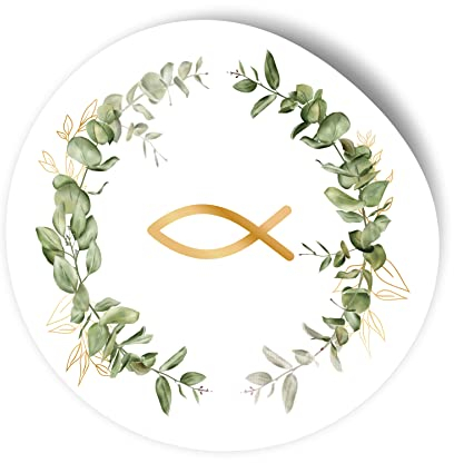 itenga 24x Sticker Aufkleber Eukalyptus und FISCH grün gold I je 4.0 cm I rund, selbstklebend I ideal zum Basteln von Gastgeschenken für Konfirmation Kommunion Taufe