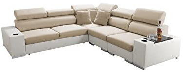 All4All Ecksofa mit Schlaffunktion Seo III - Schlafsofa mit Bettkasten - Sofa L-Form 282x282 cm - Eckcouch - Gewebe mit Kunstleder - verstellbare Kopfstützen - Rechte Seite - Beige/Weiß - Modern 26