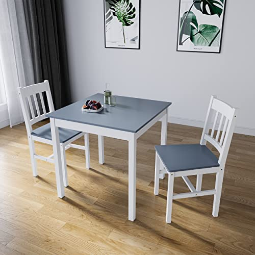 ELEGANT Solid Wooden Dining Table and 2 Chairs Set, 74x74x73cm | Square Dining Table, Dining Kitchen Furniture - Grey, Natural Pine