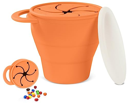Vicloon Taza de Bocadillos para Bebés,Taza de Silicona para Bocadill,Plato de Bocadillos,Caja de Almacenamiento de Alimentos Portátil para Niños Pequeños,Vaso de silicona para aperitivos-naranja