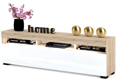 Euro Style TV-Schrank mit LED Stand Tv-Lowboard für Wohnzimmer Schlafzimmer Fernsehschrank Fernsehtisch Sideboard HiFi-Schrank Kommode 60 Zoll, Eiche/Weiß Hochglanz, 140cm