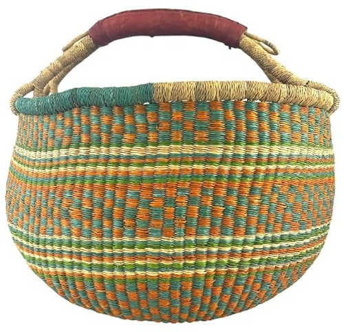 Bolga Korb Afrika - XXL - Das Original aus Ghana - Bunt - Fair Trade - Rund - Viele Farben - Afrikanischer Graskorb mit Ledergriff - Flechtkorb 30-40 cm - Rundkorb mit Wunschdesign (Tema)