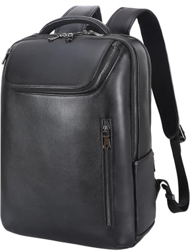 TIDING Leather Laptop Backpack Business 15,6 inch Travel Back Pack Bags Mens Rucksack Daypack for Work Office, Black