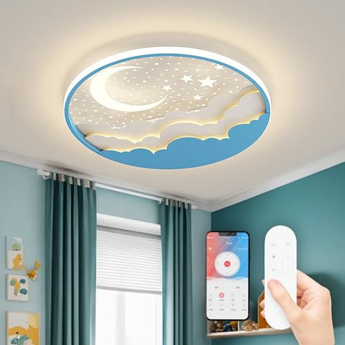 AHXIAOZN LED Kinder Deckenlampe, Stern Mond Deckenleuchte Mit Fernbedienung, Kinderzimmer Dimmbar Deckenleuchten, Kinderzimmer Schlafzimmer Lampe für Schlafzimmer Küche Esszimmer(Blau)
