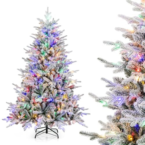 COSTWAY 180cm Künstlicher Weihnachtsbaum, beflockter Tannenbaum mit 260 mehrfarbigen LED-Lichtern, 8 Lichtmodi & 820 Zweigspitzen, beleuchteter Christbaum für Zuhause, Geschäft & Büro