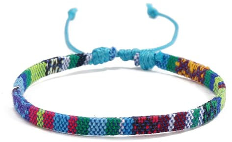 TRIPLE K&S Surfer armband Herren & Damen • 100% Wasserfest & Handmade • Perlen-Armband Boho Stoff-Armband • Hippie Sommer Strand-Schmuck (Turquoise & Rainbow Stripes)