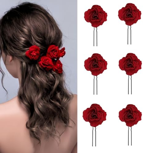 6pcs Small Red Rose Hair Clip, U Shaped Vintage Rose Flower Hair Clips for Bridal, Wedding, Birthday, Party, Beach