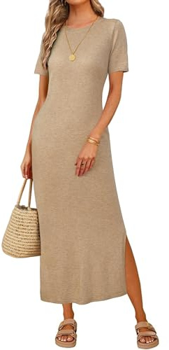 Arach&Cloz Long Maxi Dresses for Women UK Short Sleeve Summer Shirt Dress Ladies Casual Work Dress Side Split Kahki XL