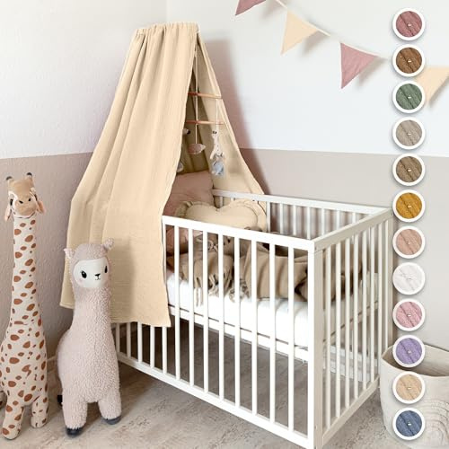 lilimaus Betthimmel Babybett mit Goldapplikationen [in 12 Farben] Himmel Babybett aus 100% Baumwolle Musselin - Betthimmel Mädchen & Jungen - Himmelbett Kinderzimmer & Babyzimmer Deko - Baby Bett