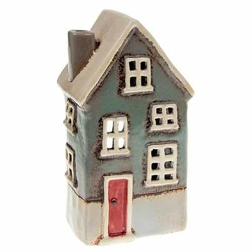 Lichthaus | Teelichthaus | Lichterhaus | Teelichthalter | Kerzenhalter | Keramik (Grün/Beige 19x10 cm)
