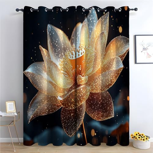 WIKEO Gardinen Blickdicht Bohemien Vorhang Schöne goldene Blüten Blumenmuster Vintage Verdunkelungsvorhang mit Ösen Landhausstil Dekoschal für Wohnzimmer-H240 x B140 cm (2er Pack)