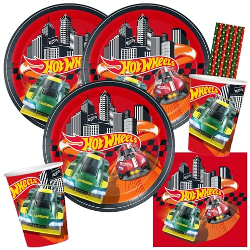 BeenSmile Hot Wheels - Kit de fiesta de coches de carreras para 8 niños | Platos de papel, vasos de papel, servilletas, pajitas de papel para cumpleaños infantiles