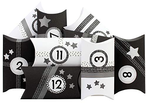 Papierdrachen 24 Adventskalender Pillowboxen - mit Washitape und schwarzweißen Zahlenaufklebern - 24 Kissenschachteln - zum individuellen Befüllen und Gestalten