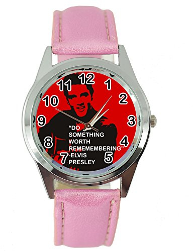 taport® Elvis Presley Music Legend Bergkristall rund Armbanduhr Pink Echt Leder Band E7 Zifferblatt + Gratis Ersatz Batterie + Gratis Geschenkverpackung
