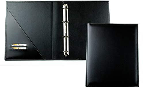 DELMON VARONE - Personalisierbare Dokumentenmappe DIN A4 Premium Cambridge Top Grain Leder Schwarz, Echtleder Ringbuchmappe zum Abheften von Dokumenten, Urkunden & Akten, Ordner mit 3 Einsteckfächern
