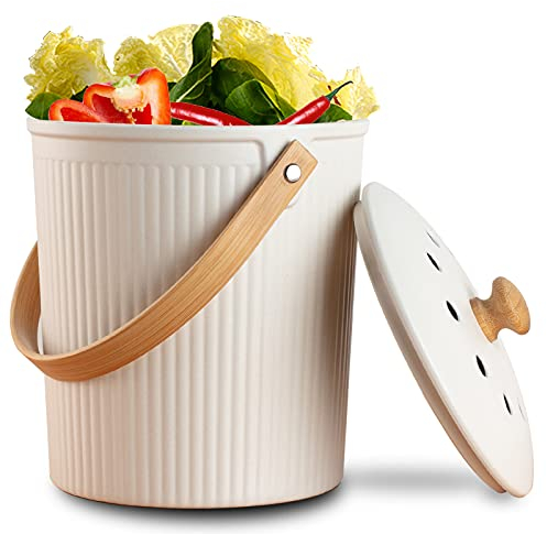 LALASTAR - Cubo de Compost de Cocina, contenedor de Compost para encimera con Tapa, Hecho de Fibra de bambú sostenible, Cubo de Compost de Cocina Inodoro, 1 galón, Crema