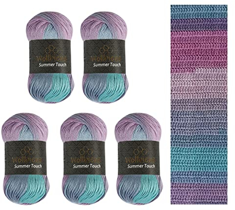 Wollbiene Summer Touch Batik 5 x 100 Gramm Wolle Mehrfarbig mit Farbverlauf, 500 Gramm merzerisierte Strickwolle Microfiber-Acryl (507 türkis lila)