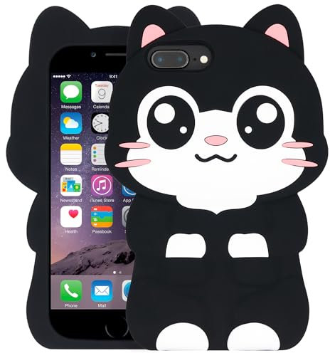 Dumkery Cute Phone Case Compatible with iPhone 7 Plus, Black Cat iPhone 8 Plus Case, Kitty Cat iPhone 6 Plus Case, Kitten iPhone 6s Plus Case, 3D Cartoon Animals Soft Silicone Shockproof Case Cover