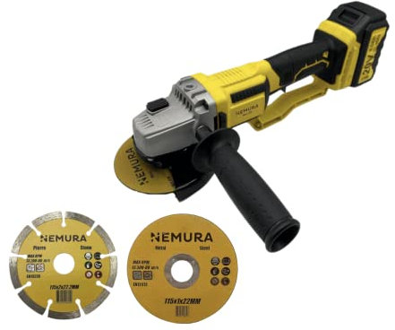 Nemura Smerigliatrice angolare a batteria 20V - Utensile con motore senza spazzole - con 3 Dischi da 125 mm, 1 Chiave regolabile, 1 Impugnatura, 1 Batterie 4Ah e 1 Caricabatterie - Marca francese