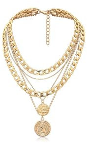 GAUEIOUR Punk Chunky Chain Necklace,Multi Layered Engraved Coin Alloy Pendant Necklace, Round Hip Hop Pendant,Exaggerated Cuban Necklaces, Thick Collar Jewelry For Women(Golden)