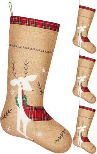 BRUBAKER 52 cm Weihnachtsstrumpf zum Befüllen und Aufhängen - Festliches Rentier - 4er Set großer Nikolausstrumpf für Weihnachten und Nikolaus - Weihnachtsdeko Strümpfe Weihnachtssocke aus Jute